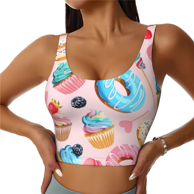 Balery Cupcakes and Donuts Sujetadores deportivos con espalda cruzada para mujer, acolchados, sin costuras, de alto impacto, ideales para yoga, gimnasio, entrenamiento y fitness.-Large