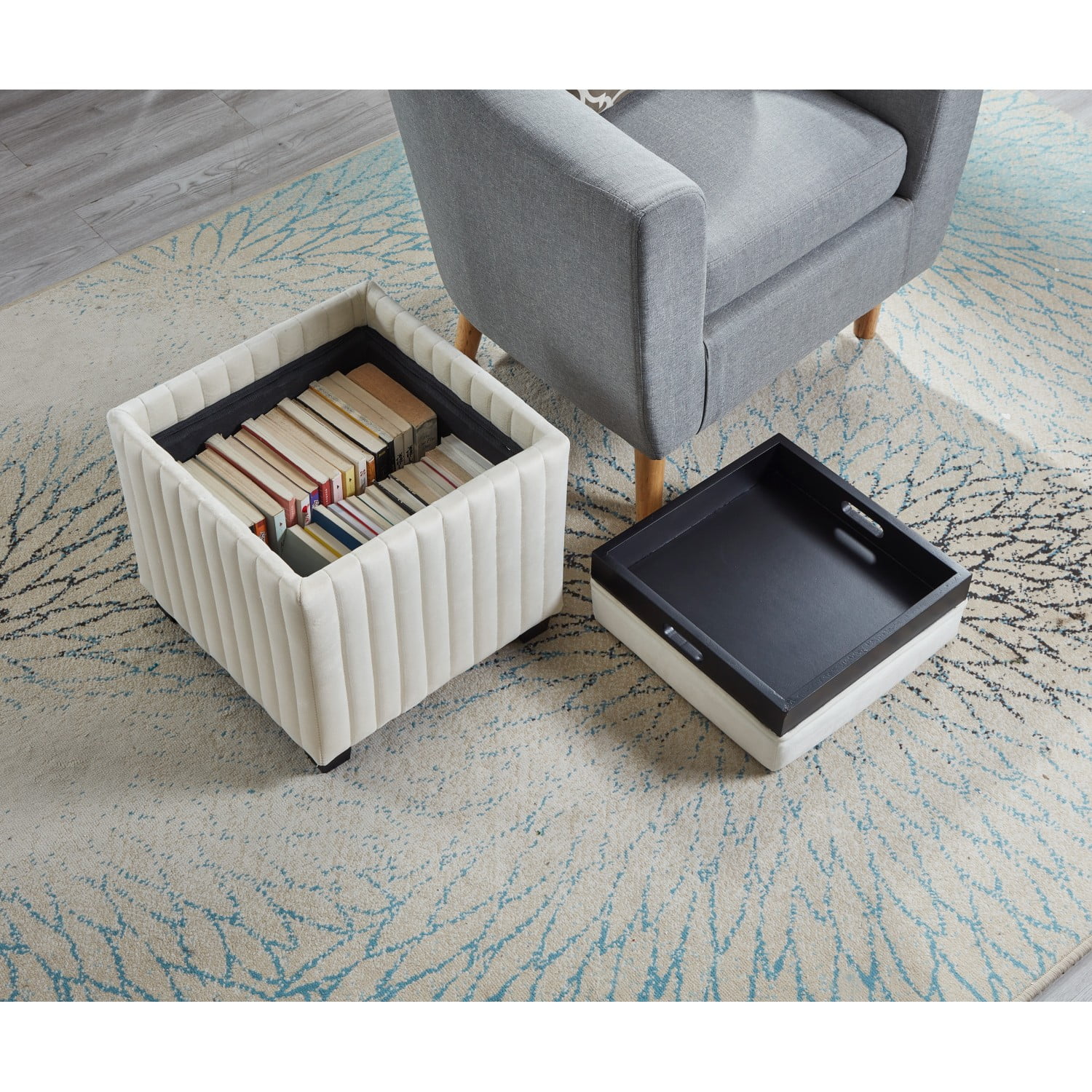 18 Inch Beige Square Cube Storage Ottoman Bench with Coffee Tray for Living Room and Bedroom