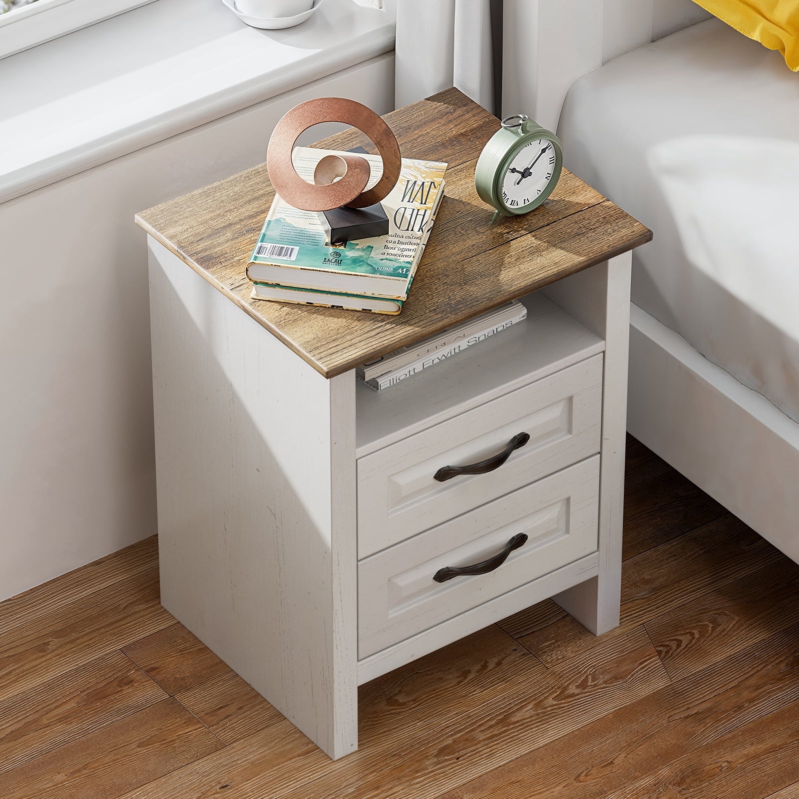CHITOOMA Nightstand Set of 2 with Charging Station, 2-Drawer Farmhouse Bedside Table with Open Shelf, Small Wood End Table for Bedroom Living Room, White & Brown