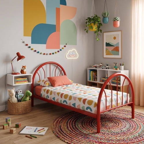 Heavy Duty Metal Twin Platform Bed Frame, 39" High, 16 Slats, Noise-Free, No Box Spring Needed, Easy Assembly, Red