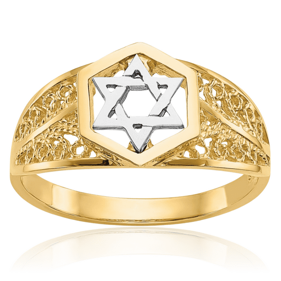 14K Solid Two Tone Gold Star of David Jewish Magen Ring