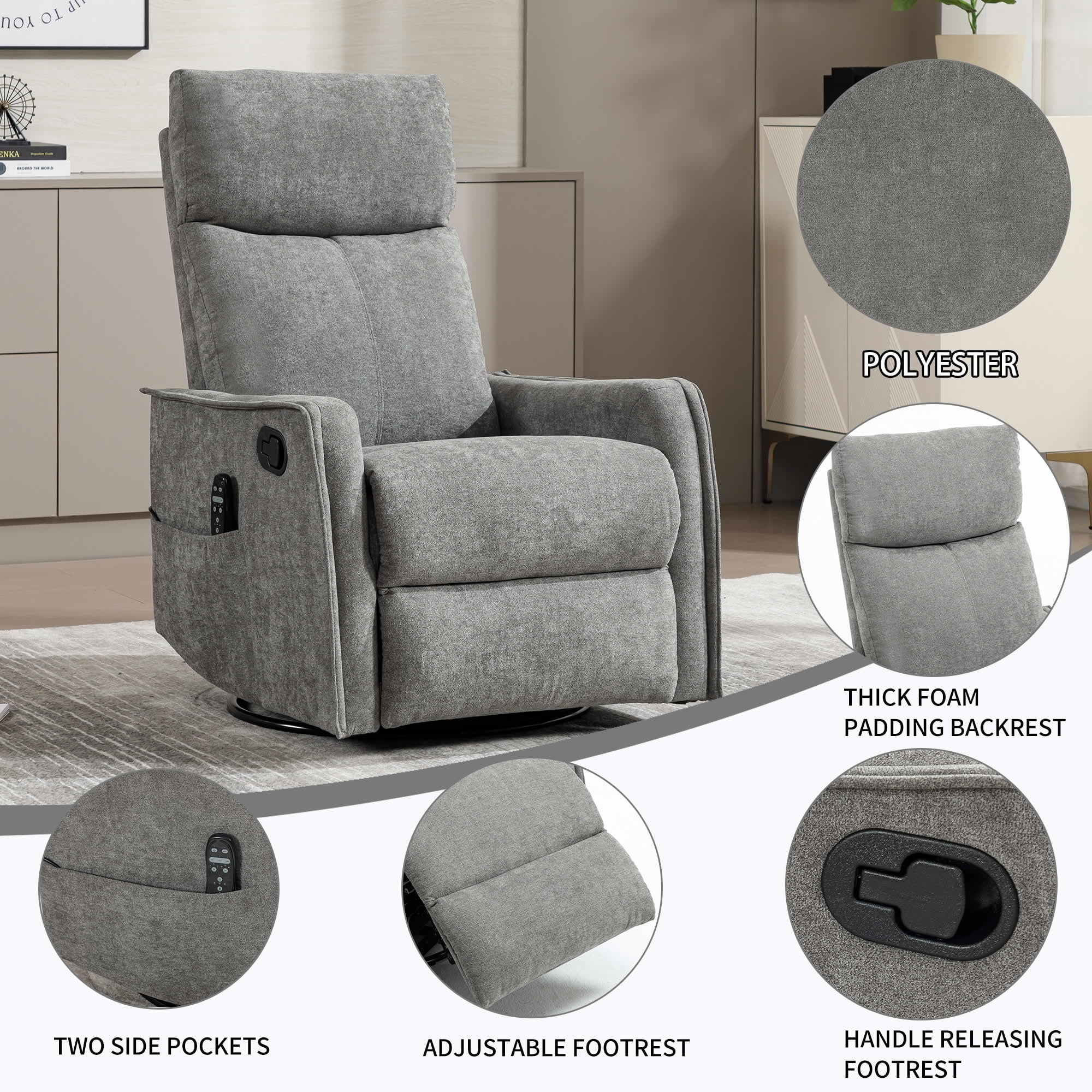 MAYEERTY Beige Faux Leather Heat Massage Recliner Chair, 360° Swivel Rocker 26"x35"x39" for Living Room