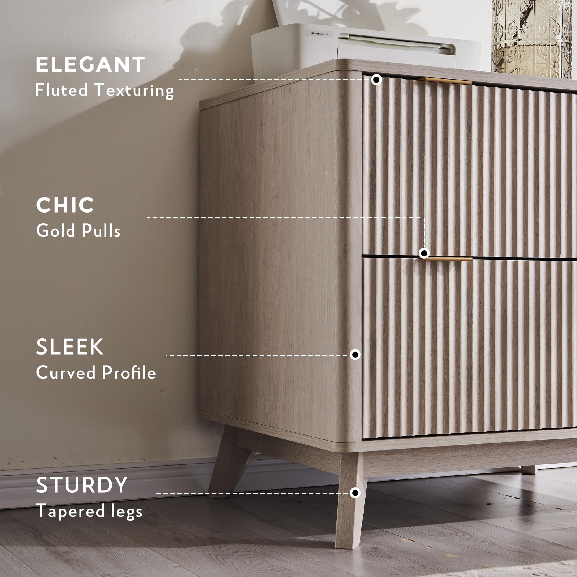 OKD 30" File Cabinet with 2 File Drawers, Modern Style Fluted Filing Cabinet for Home Office, Alder White