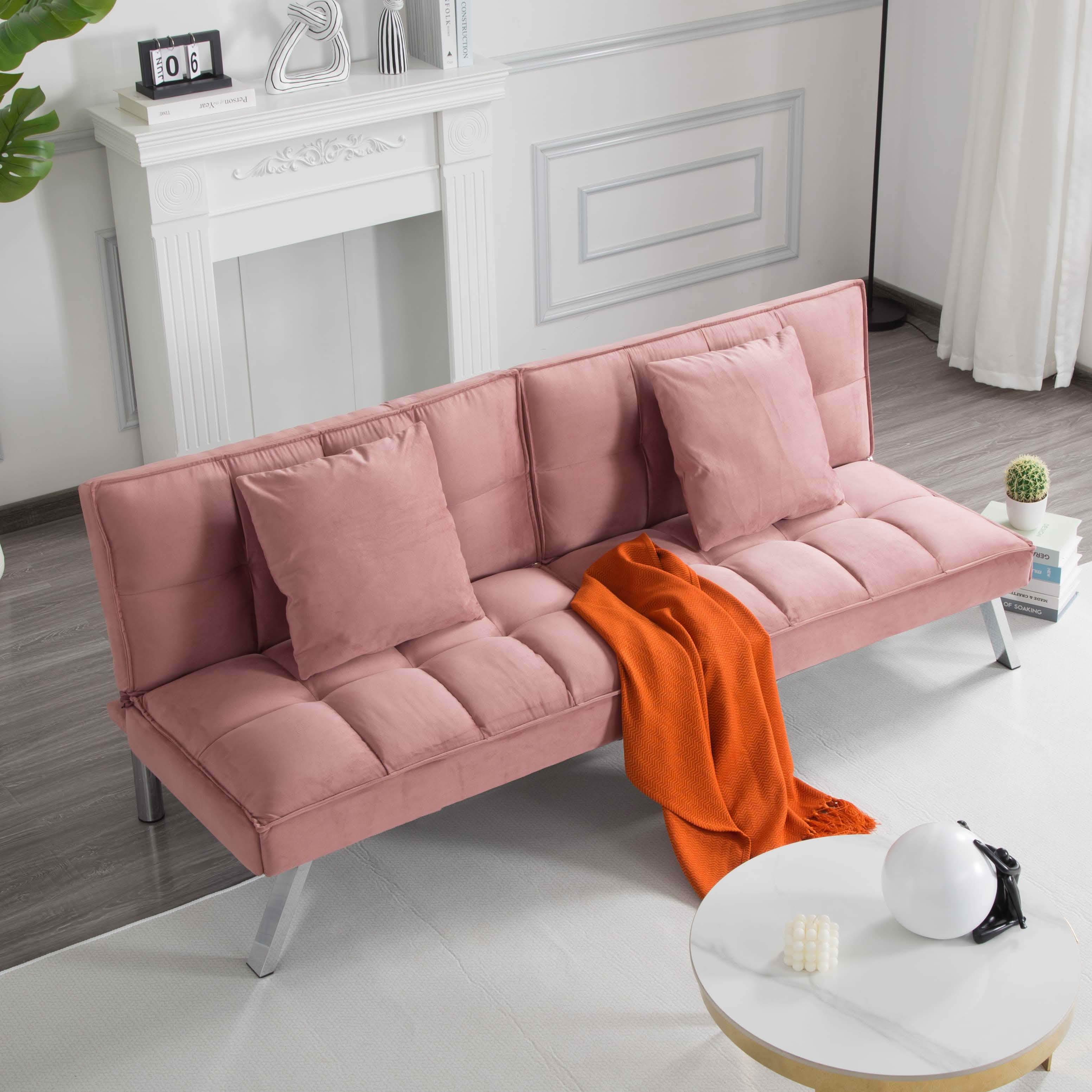MAYEERTY 67.7" Futon Sofa Bed - 5-Position Adjustable Backrest, Velvet Upholstery, Tufted Design, 2 Pillows