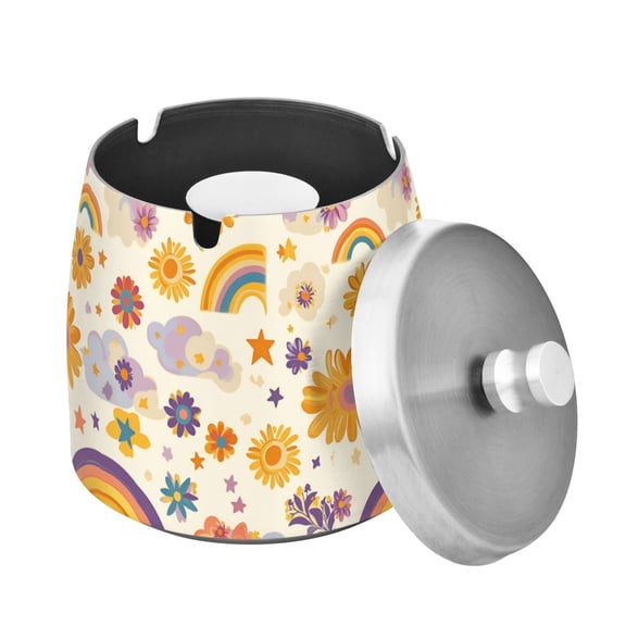 Yayeee Ashtray with Lid for Cigarette Smokeless Stainless Steel Home Ash Holder, Beige Retro Rainbow
