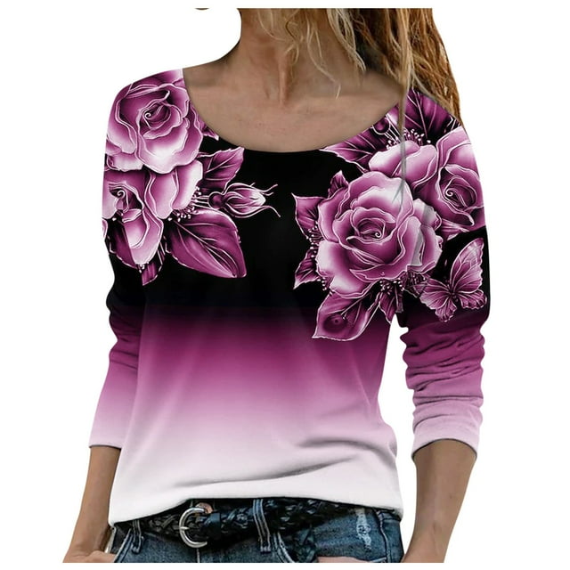 Haut Tunique Ajusté à Manches Longues à Col Rond Décontracté pour Femmes, Blouse Ample et Confortable, T-Shirts d'Automne Imprimés Vintage Mode pour Dames A1