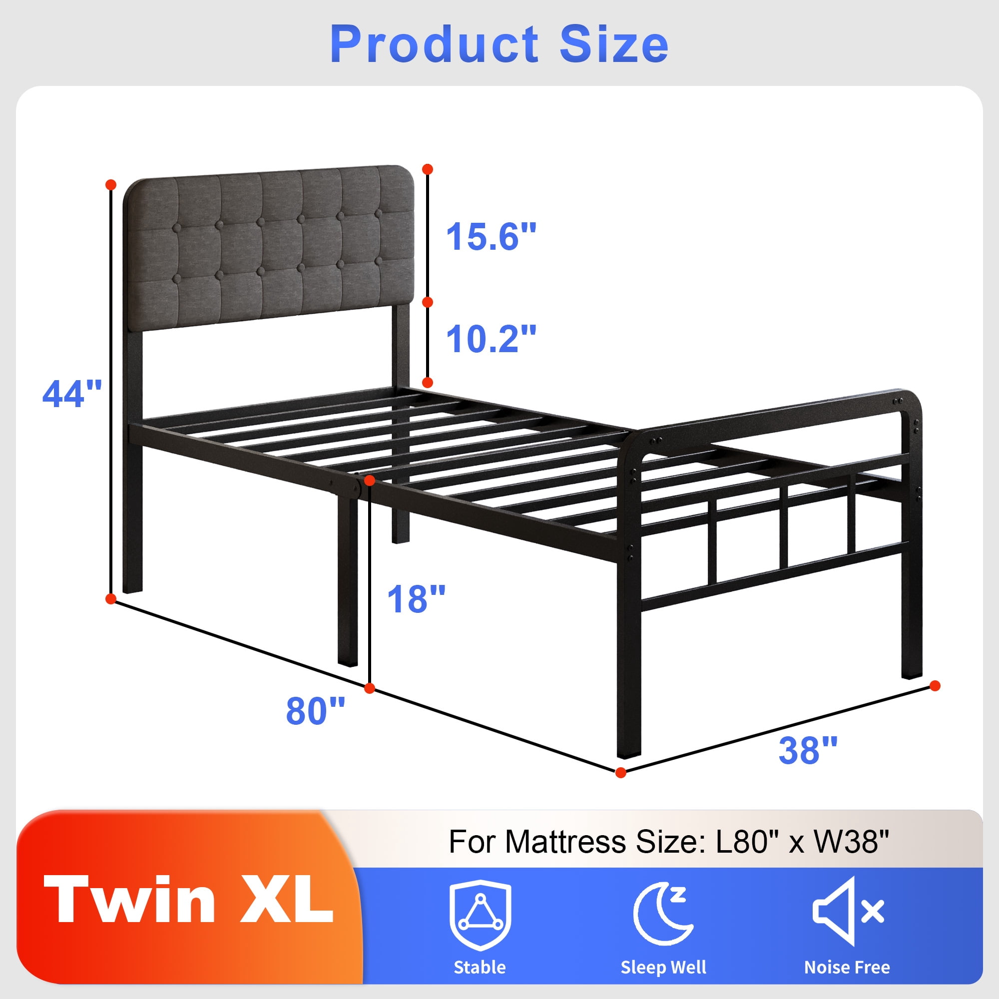 Lutown-Teen 18 inch Twin XL Bed Frames with Upholstered Headboard and Metal Footboard, Heavy Duty XL Twin Metal Bed Frame, No Box Spring Needed, Easy Assembly