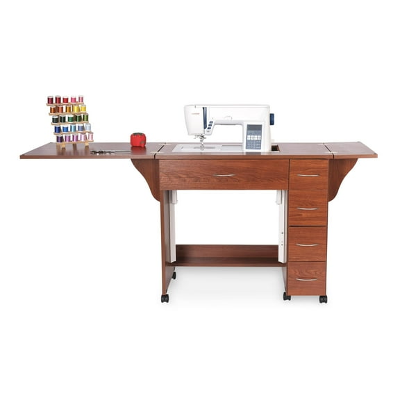 Arrow Alice Sewing Cabinet – Sewing Machine Table with Hydraulic Lift, Storage Drawers, Expandable Work Surface and Locking Casters, Teak