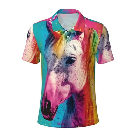 Salouo Watercolor White Horse for Men s Short Sleeve Polo Shirts Polo Shirts for Men Performance Short Sleeve Golf Shirt Athletic Casual Collared T-Shirt-X-Large