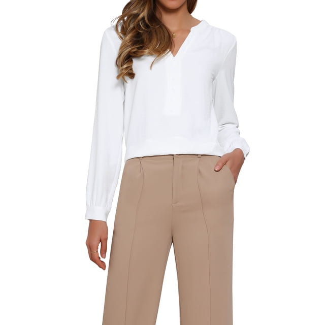 INSPIRAR CHIC Top de Botones en V para Mujer, Blusa Casual Elegante de Manga Larga, S Blanca