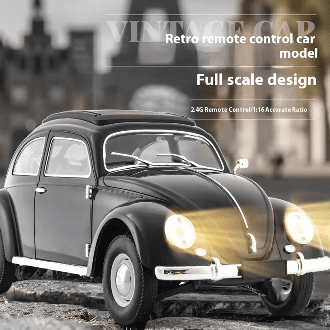 1:16 Retro RC Drift Car Toy, D62MINI Beetle-Style Flat-Running Remote Control Car with LED Lights, Rear-Wheel Drive, 130 Motor & 3.7V Battery for Adults