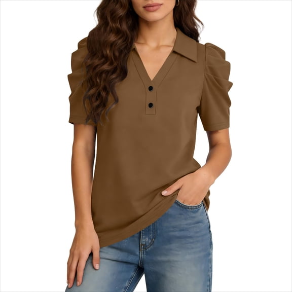 ClodeEU Women's Notch Collar Puff Short Sleeve Tops ,V Neck Shirts Casual Summer Blouses Fashion Trendy Clothing Brown,Womens Plus L