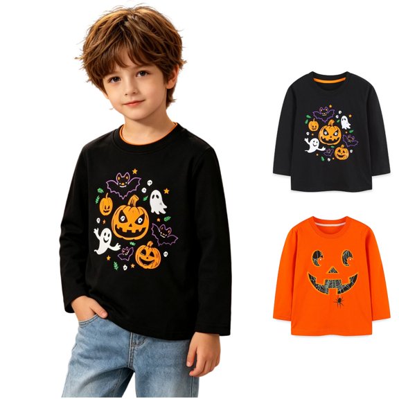 XUANTAOO Halloween T Shirts for Kids Kawaii Pattern 1-Black Long Sleeve Spooky Season Tee Boys Girls Tops Size 3-4 Years