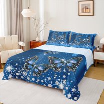 Manfei Cute Butterfly Queen Sheet Sets,Chic Diamond Flat Sheet,Blue Glitter Print Queen Fitted Sheet For Girls,Luxury Bedroom Decor,4pcs