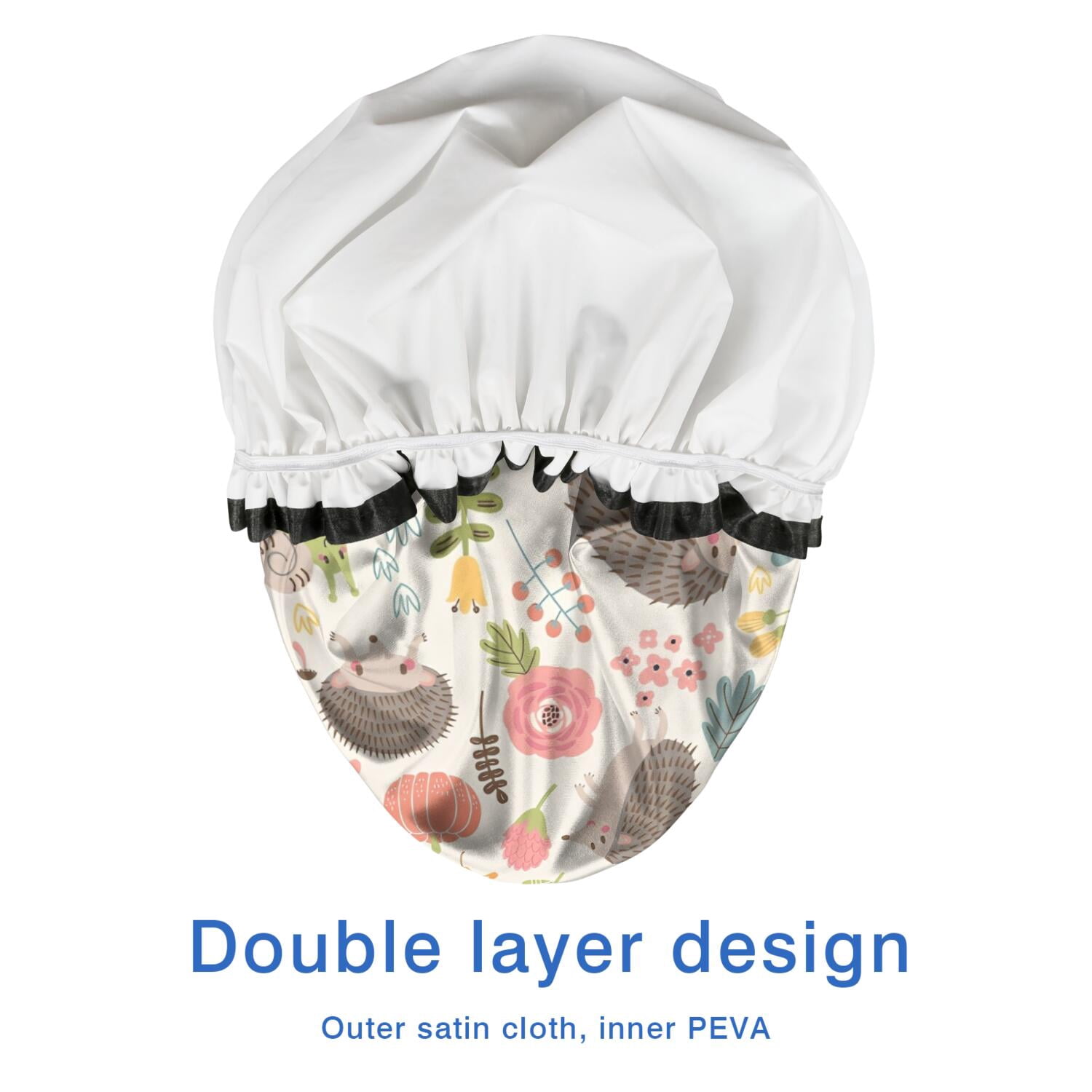 Shower Caps,Cute Hedgehog Pattern with Pioneer Flower Waterproof Shower Cap for Women 4 Pieces,Double Reusable Hair Cover for Shower PEVA Elastic Stretch Hem