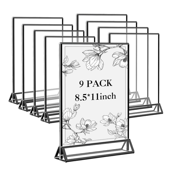 Acrylic Sign Holder 9 Pack - 8.5x11 Vertical Tabletop Menu Holder, Pull Out Design, Vintage Black Frame