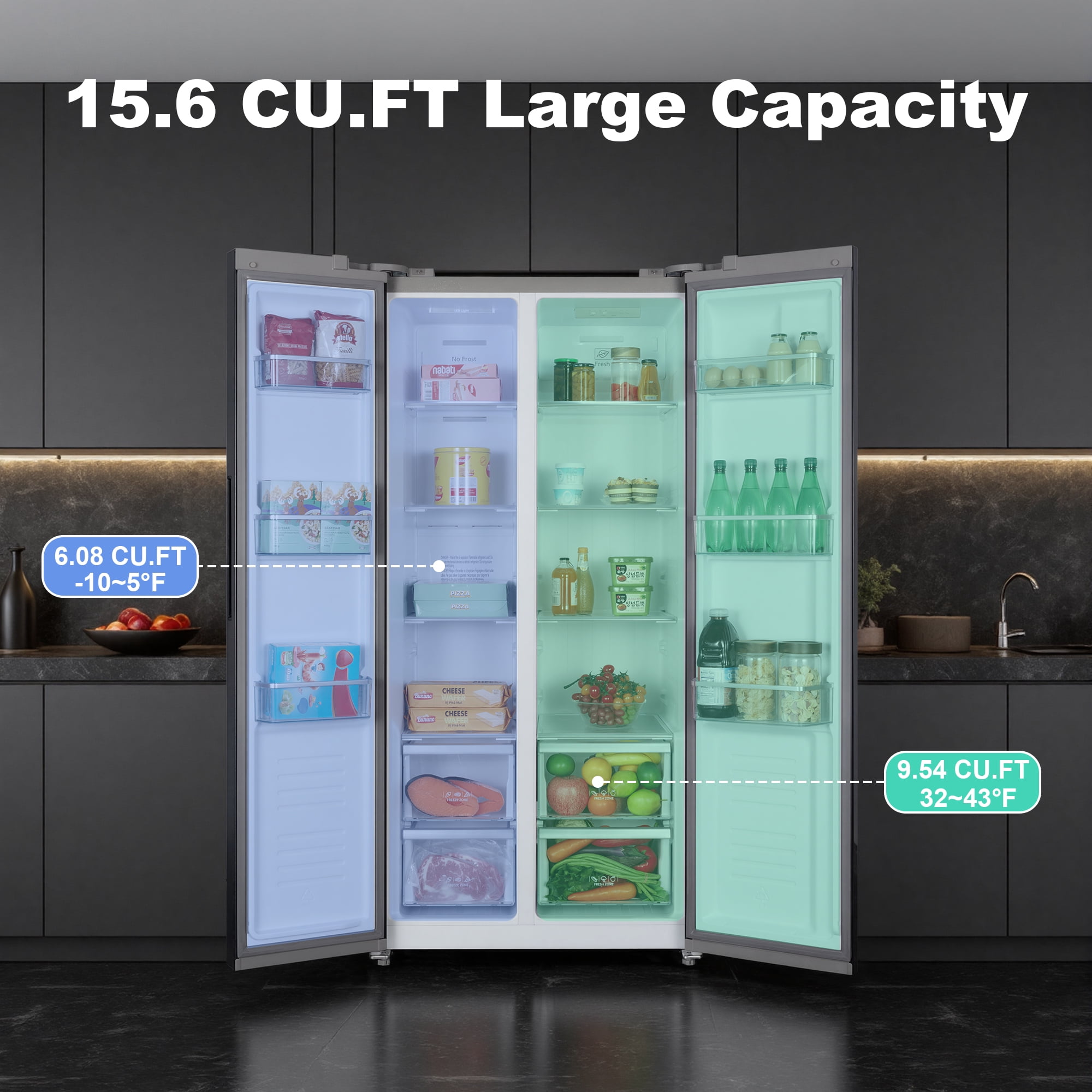 15.6 Cu. Ft. Black Stainless Steel Side-by-Side Refrigerator - Independent Left Freezer & Right Fridge Temperature Control