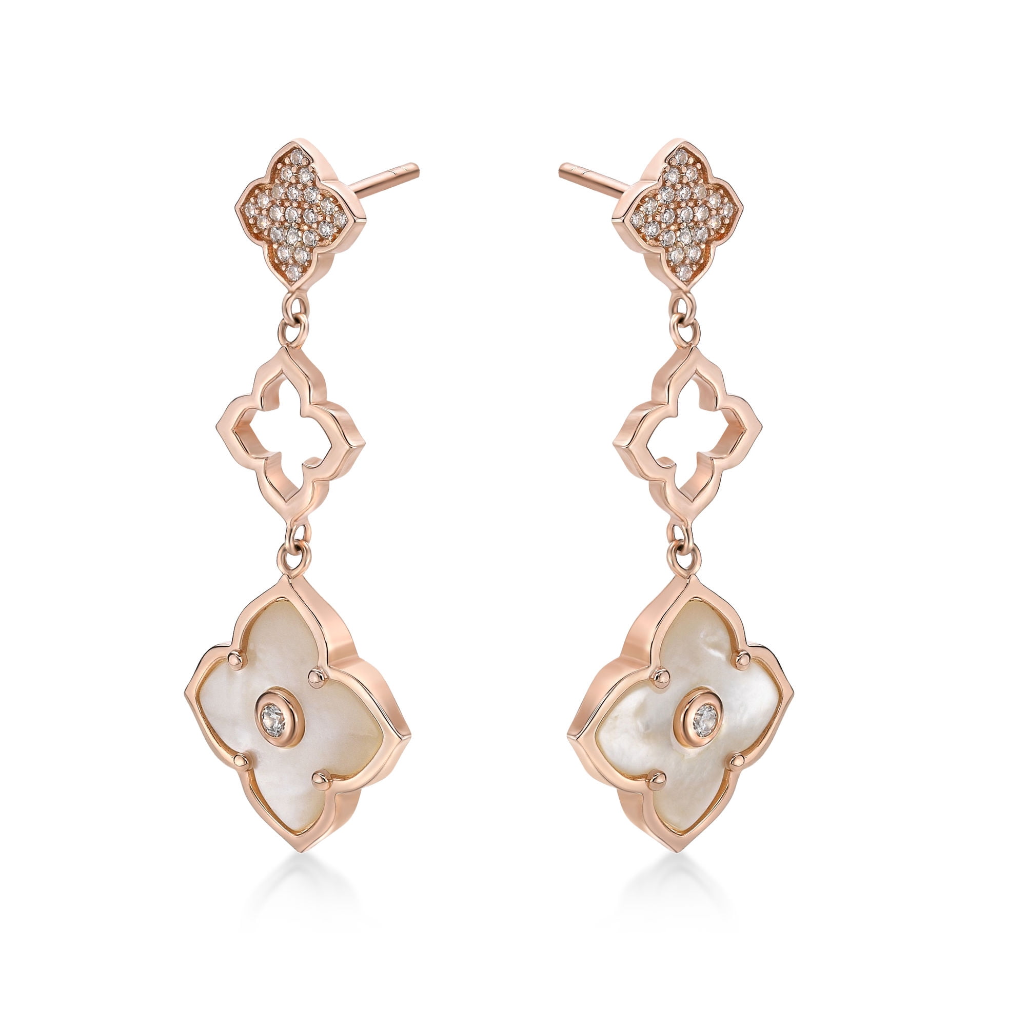 Mother of Pearl and Cubic Zirconia Three Flower Drop Dangle Earrings in 925 Sterling Silver with Rose Gold Plating Friction Back by Lavari Jewelers