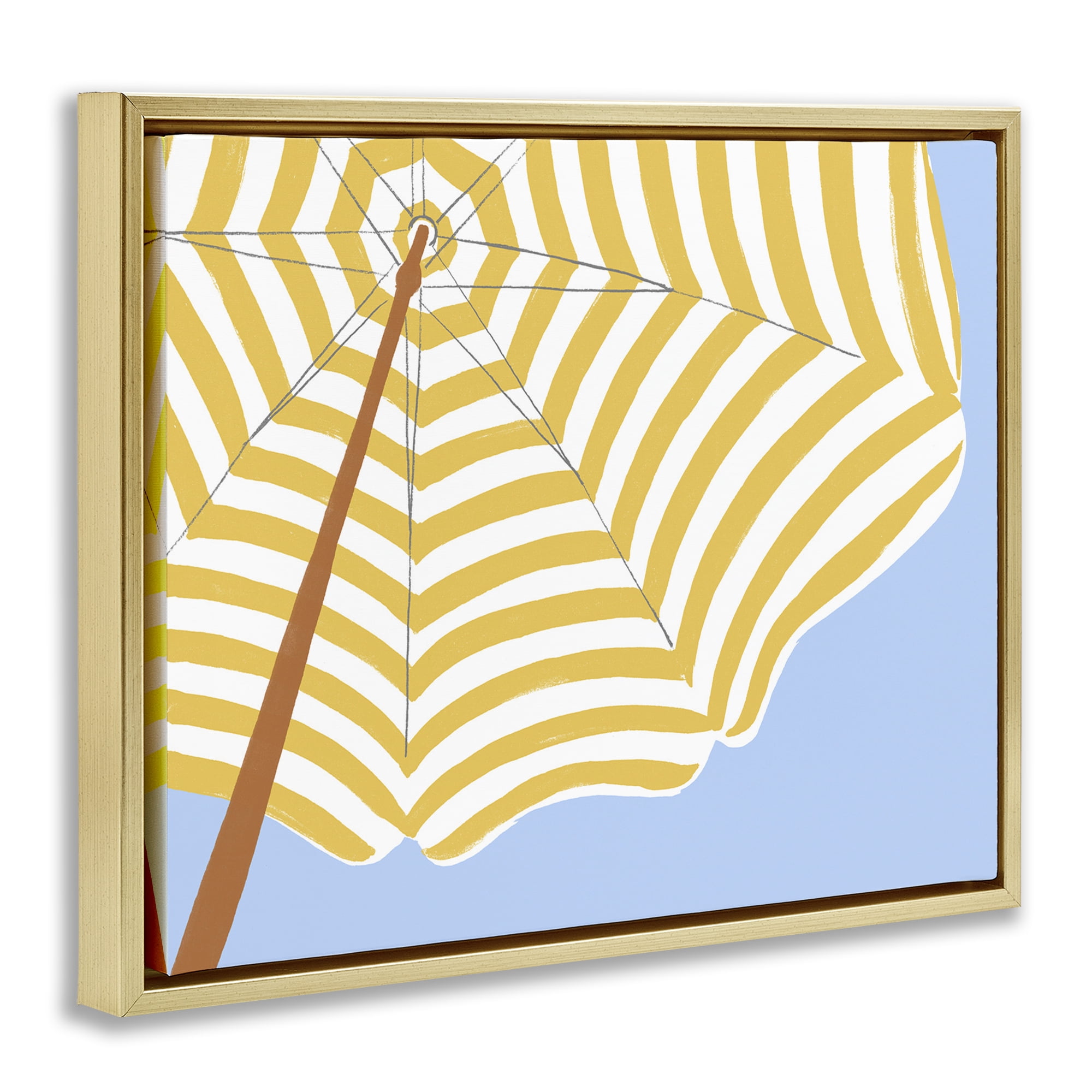 Stupell Industries Yellow & White Umbrella Coastal Painting Gold Floater Framed Canvas Art Print Wall Art, 21 x 17