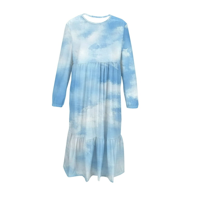 long sleeve girls swing dress Girls A-Line Maxi Dress Gradient Printed Loose Crew Neck Long Sleeve Casual  Swing Dress with Pockets