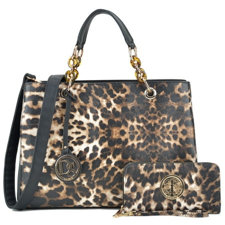 Dasein Faux Saffiano Leather Chain Strap Leopard Satchel Handbag With Matching Wallet