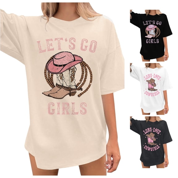 Trendfront Womens Graphic T Shirt Crewneck Short Sleeve Western Country Lets Go Girls Cowgirl Boots Print Oversized Tee Shirts
