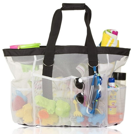 Deluxe Mesh Tote Bag - Extra Large Mesh Beach Bag Tote, Zipper Closure, Anti-Rip Handles, 8 Pockets