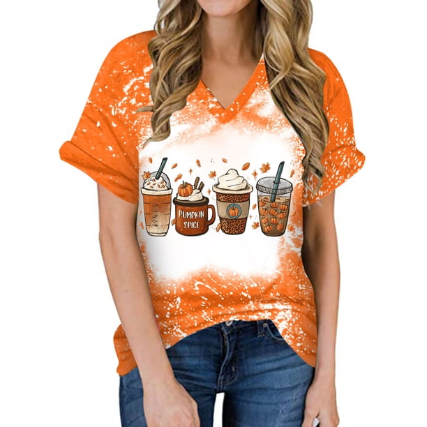 Camiseta con cuello en V para mujer Camiseta con estampado de Halloween Camiseta de manga corta Tops Pompotops hkajfhjk473054