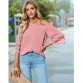 thumbnail image 2 of Women'S Cold Shoulder Mesh Panel 3/4 Bell Sleeve Casual Top Blouse Shirt Pink S, 2 of 7