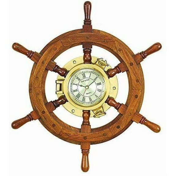 "Benzara Wood Brass Shipolystonewheel Clock a Perfect Nautical Wall Decor   by Benzara"
