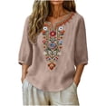 thumbnail image 2 of Guluxicc 3/4 Length Sleeve Womens Tops Summer Casual V Neck Cotton Linen T Shirts Boho Embroidery Blouse Comfy Loose Tunic Top, 2 of 8