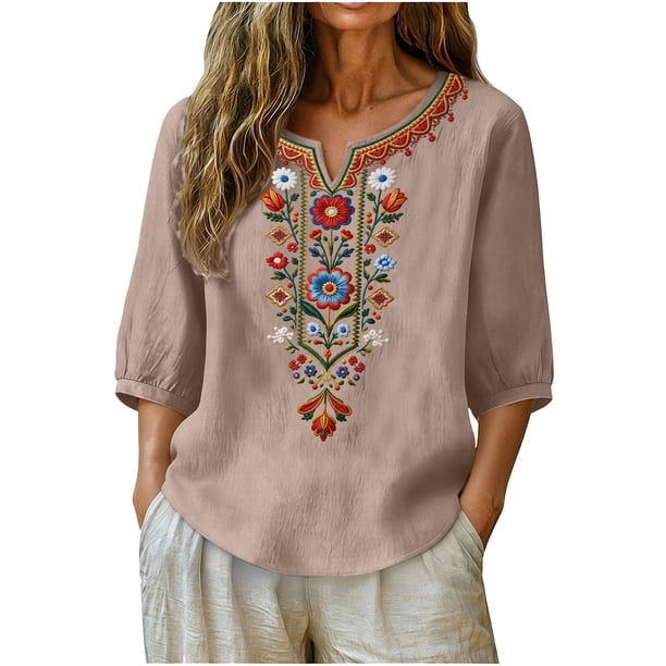 Neewe Women's Embroidered Tops 3/4 Sleeve Traditional Boho Shirts for Women V Neck Peasant Tunic Blouses