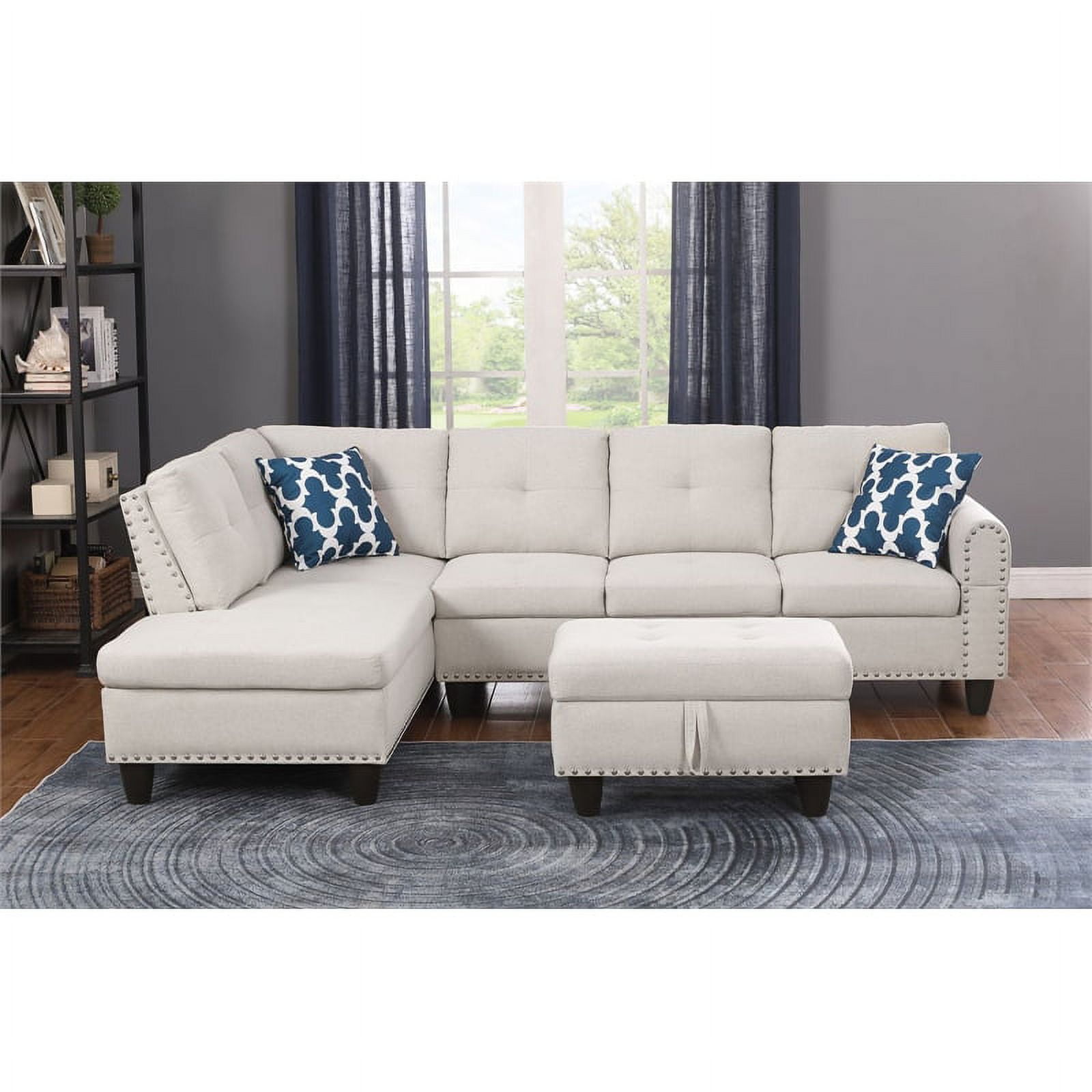 Devion Furniture Polyester Fabric Sectional Sofa with Ottoman in Gray