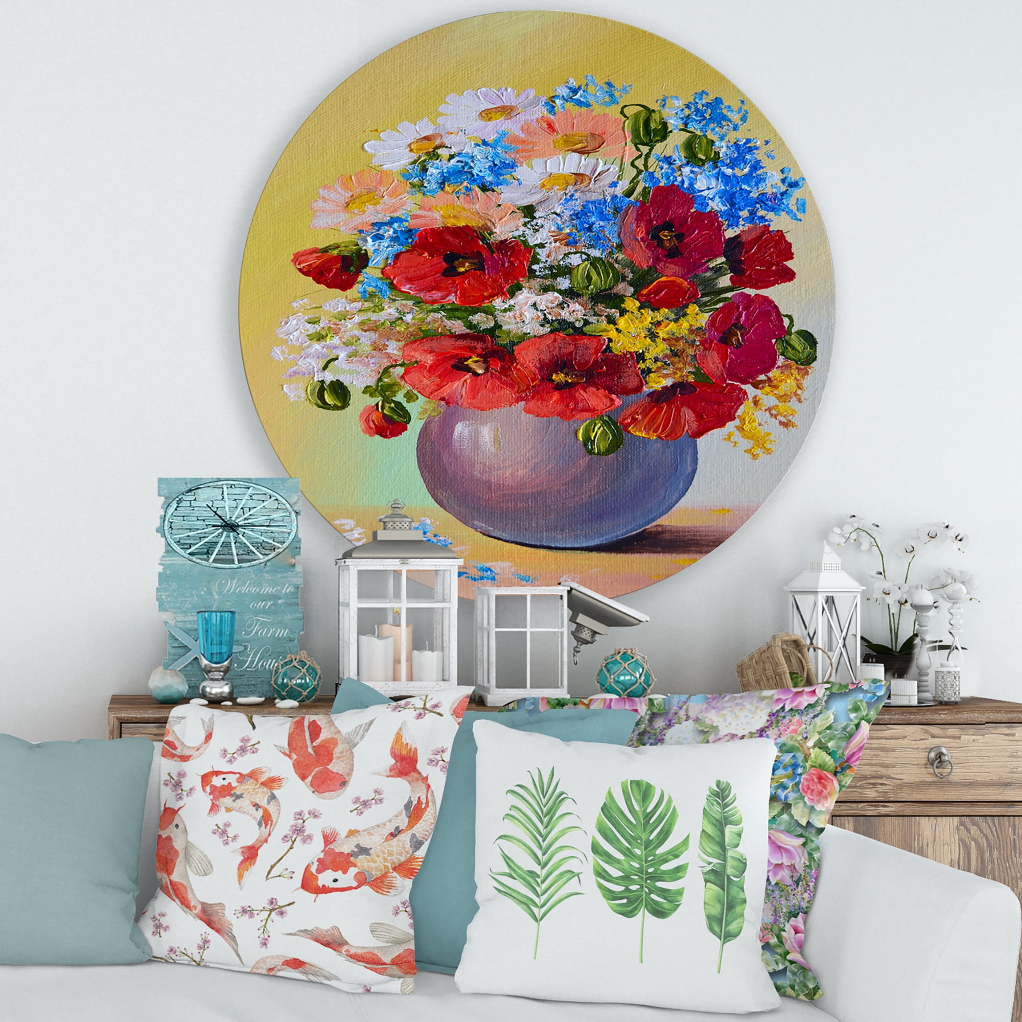 Designart 'Still Life A Bouquet Of Blue and Red Flowers' Traditional Circle Metal Wall Art 36x36 - Disc of 36