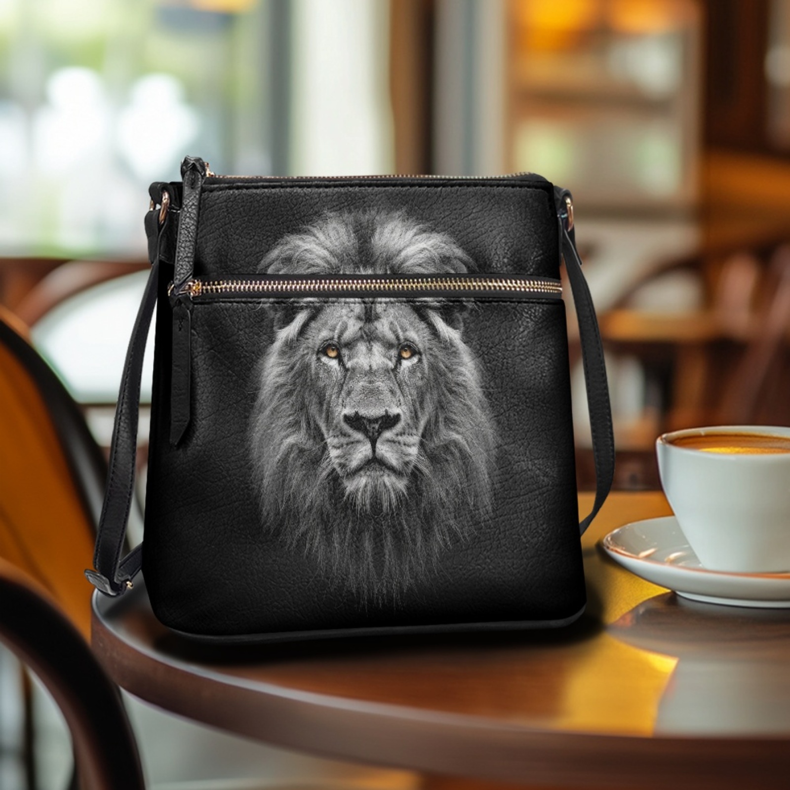 LedBack Lion Print Women's Crossbody Bag Leather Shoulder Handbag Sling Hobo Bag Multi Pocket Satchel Purse with Adjustable Shoulder Strap, Black