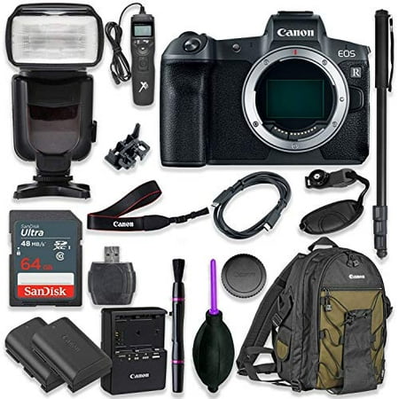 Canon EOS R Mirrorless Digital Camera Body Only Kit with Professional TTL Flash, Canon 200EG Water Resistant Backpack, 64GB Memory, Universal Timer Remote Control, Spare LP-E6 Battery (15