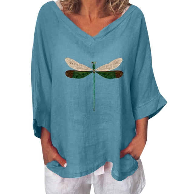 T-Shirt pour Femmes Col Rond en V Décontracté en Coton Chandail Hauts Libellules T-Shirt pour Dames Haut