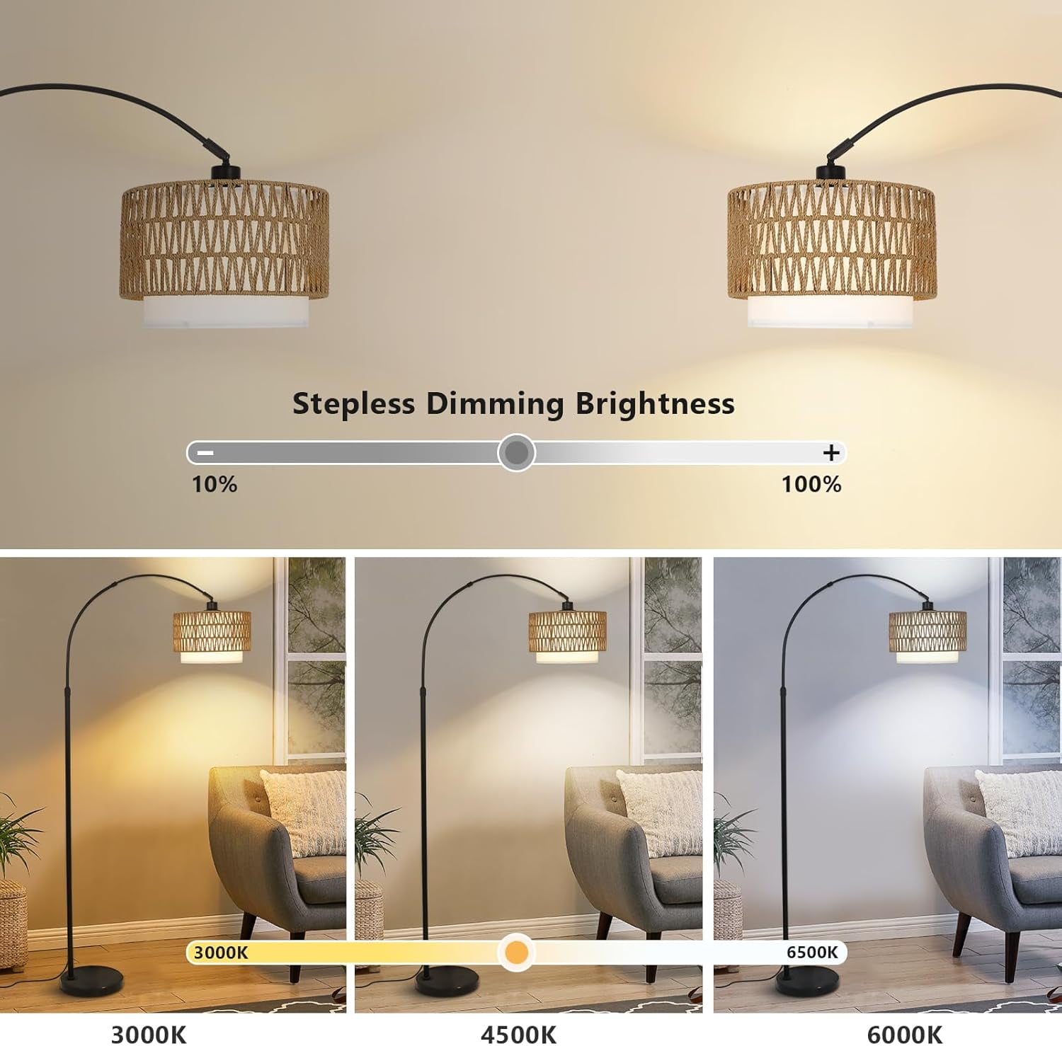 72" Arc Floor Lamp with Remote - Adjustable Height Led Standing Lamp with Rattan & Fabric Shade