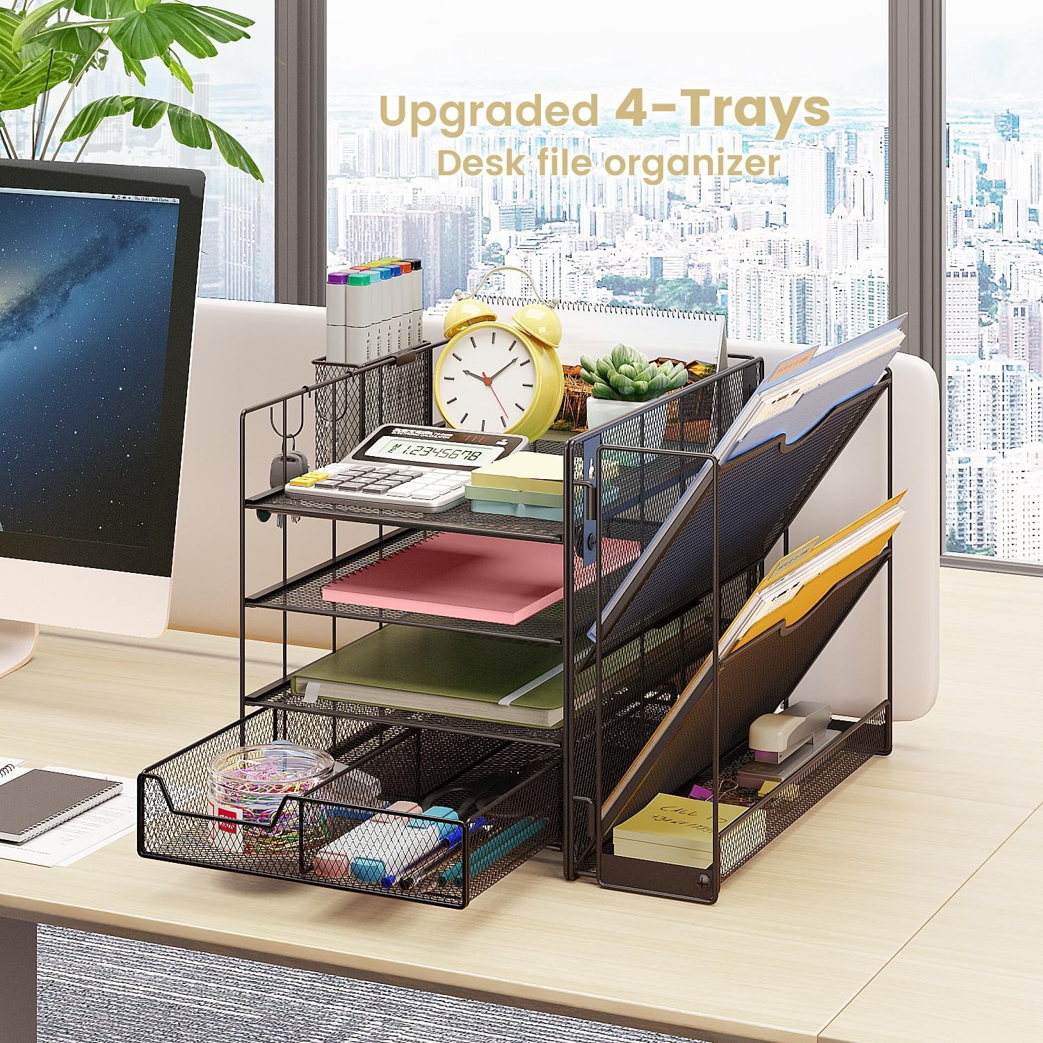 Desk Organizers and Accessories, Desk Accessories & Workspace Organizers for Office Supplies, 4-Tier Desk Organizer with File Holder,File Organizer Desk Drawer Organizer (Black)