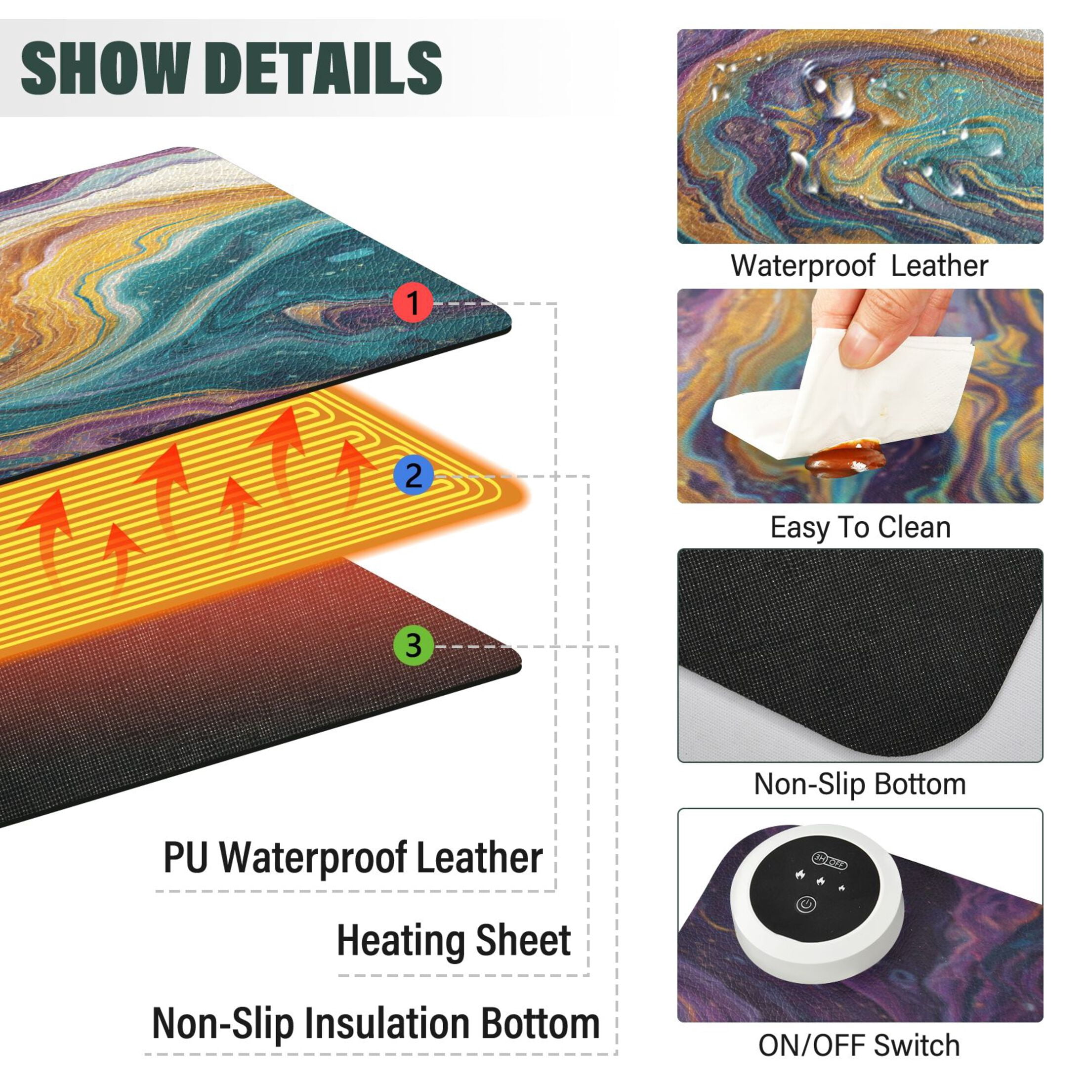 Large Heated Desk Mat Mouse Pad 31.5"x13"PU Leather Graphene Heating Desk Warmer with 3 Temperature Settings 110V US Plug Non-Slip Warm Pad for Home, Office, and Gaming Marble Veins in Various Colors
