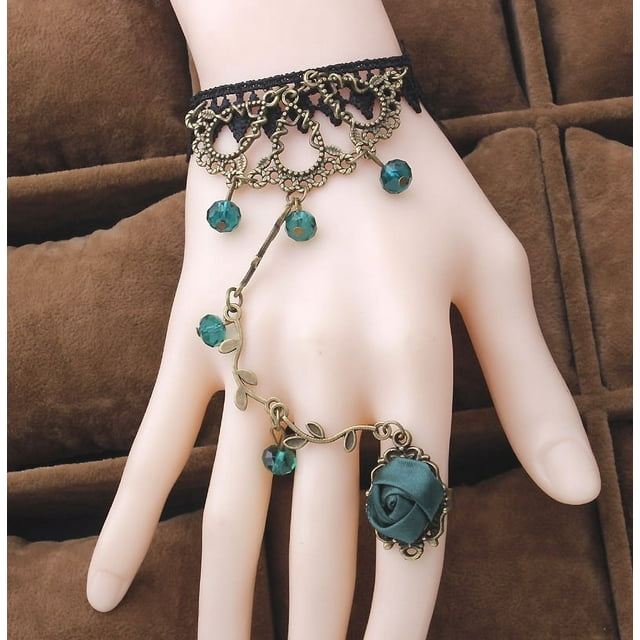 Pulsera con dijes de joyería ajustable para mujer, pulsera con forma de rama de rosa verde Noble, pulseras de encaje negro de Metal y cristal con anillo