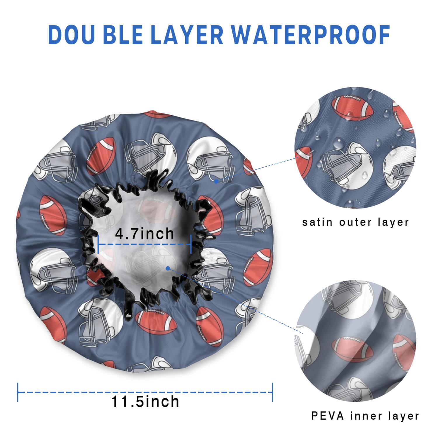 Shower Caps,Blue Football Helmets and Balls Pattern Waterproof Shower Cap for Women 4 Pieces,Double Reusable Hair Cover for Shower PEVA Elastic Stretch Hem