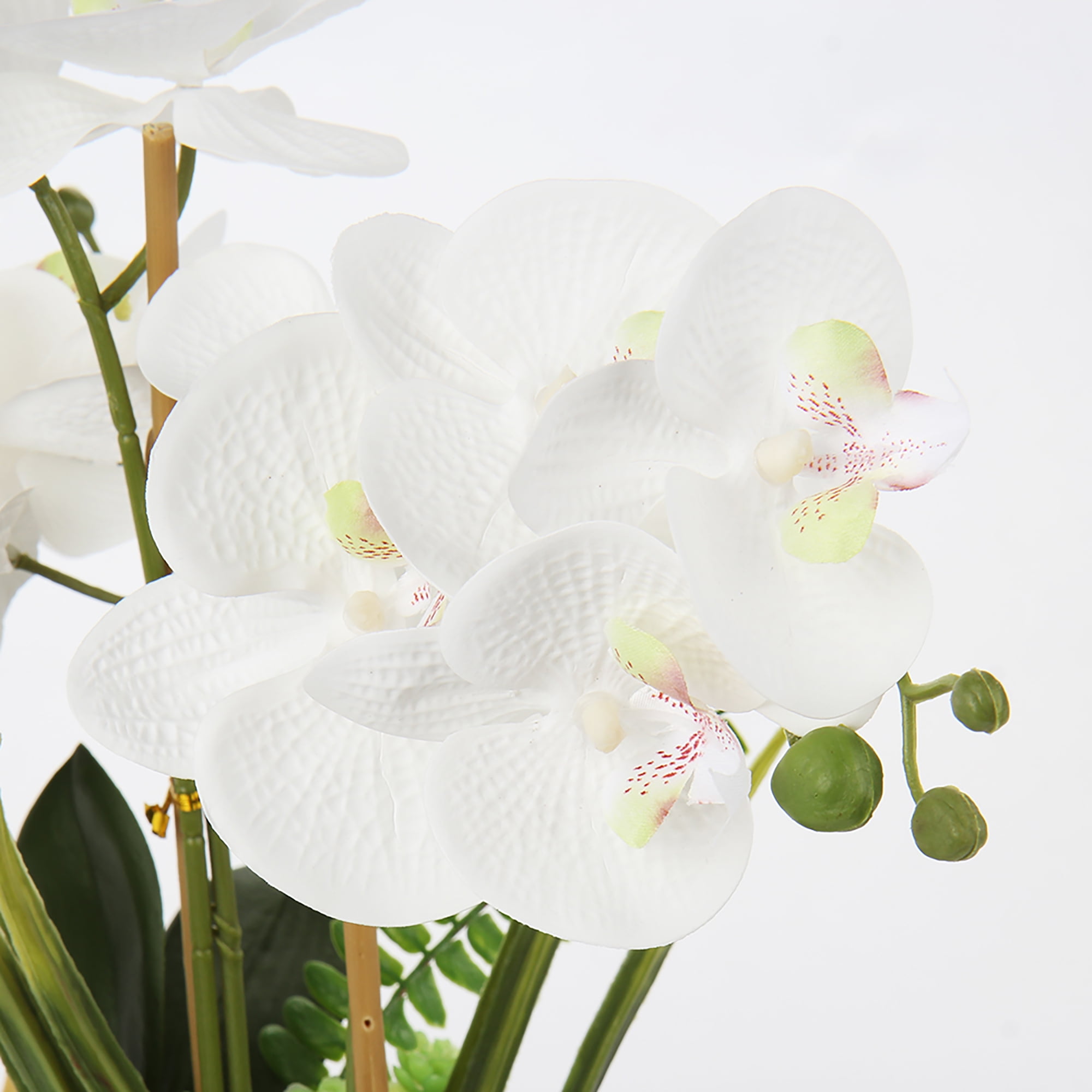 Artificial Flowers 15" White Orchid Flower Phalaenopsis Orchid in Silver Boat Shaped Vase Realistic Touch Faux Orchid Plant