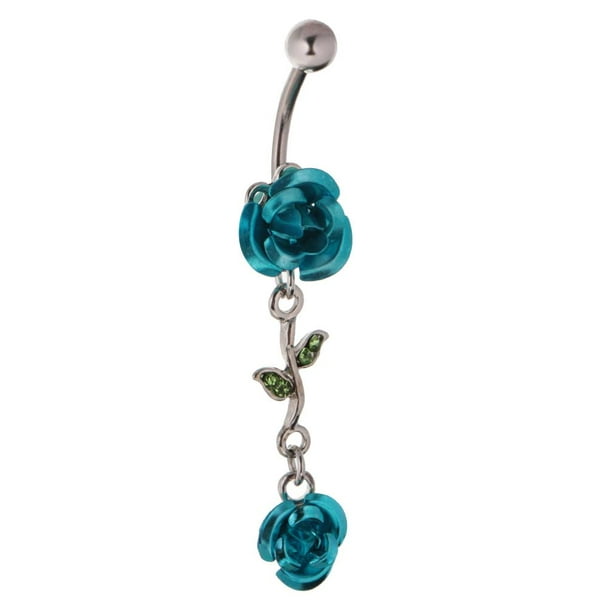 Anillos para el vientre de material acero inoxidable 316L Pernos prisioneros Flor Hoja Cuelga de imitación Joyas 14g - Hip Azul Yinane Botón del ombligo