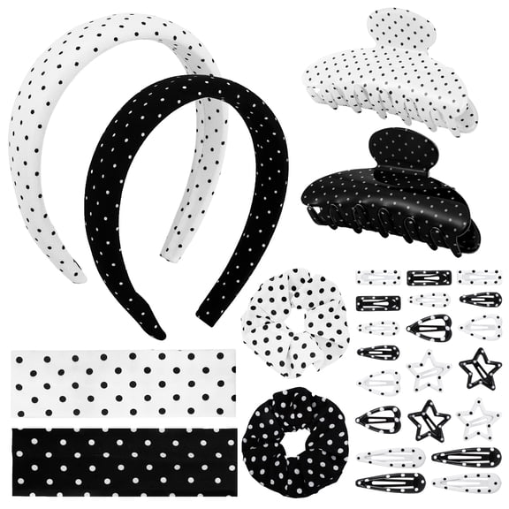 Bocaoying 28 Pcs Vintage Polka Dot Hair Accessories, Classic Black White Headbands, Stylish Hair Clips Scrunchies for Daily Use, Great Gift for Women