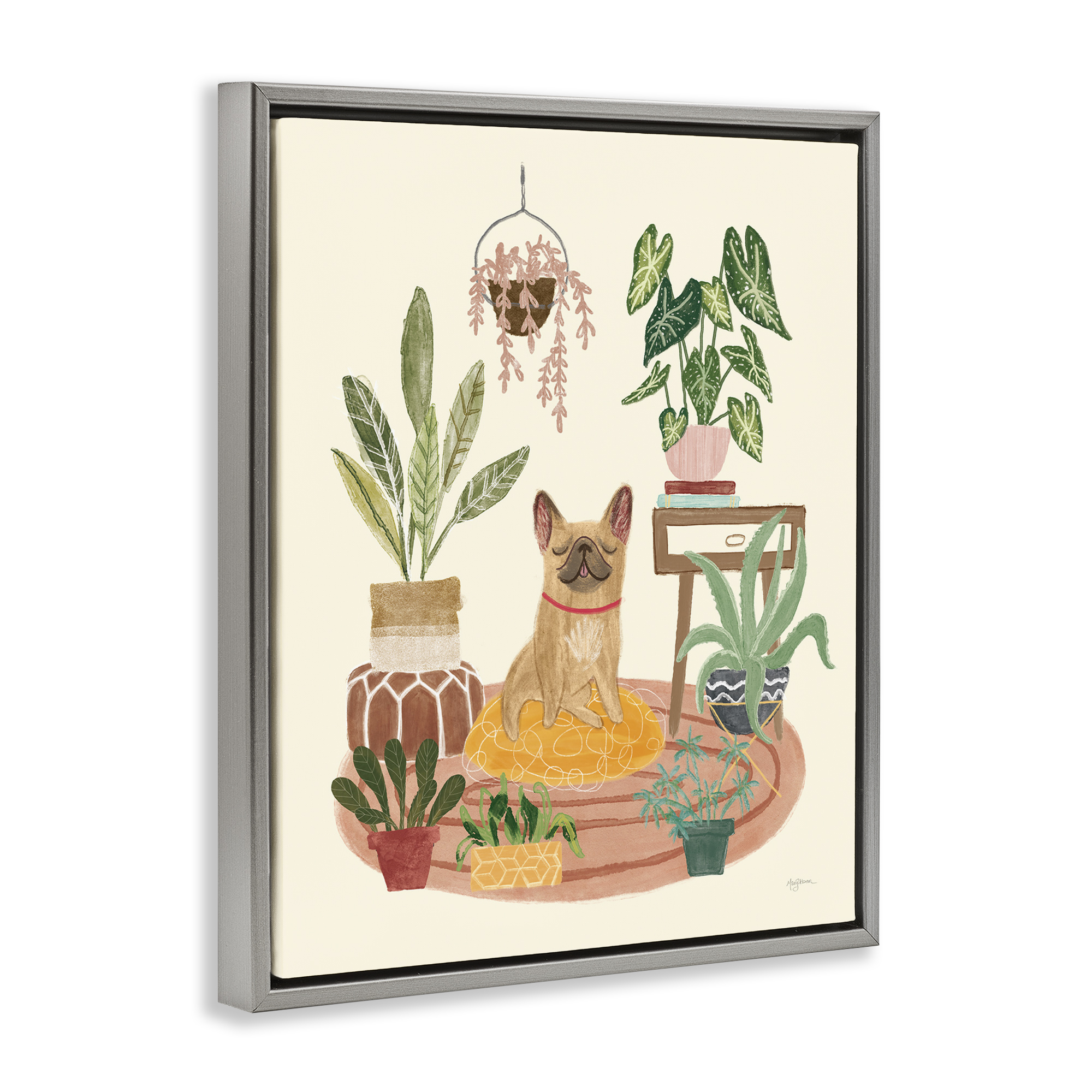 Stupell Industries Urban Dog with Plants Animals & Insects Painting Gray Floater Framed Canvas Art Print Wall Art, 25 x 31