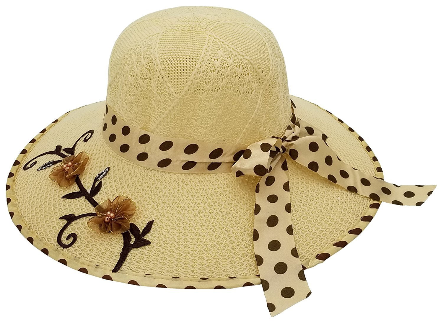 Ladies Womens Colored Straw Woven Summer Hats w/ Polka Dot Bow 