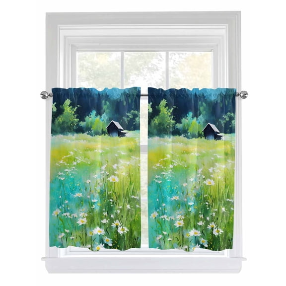Blue Green Forests Living Room Curtains 2 Panel, Spring Oil Painting Daisy Nature Landscape Cafe Window Treatment, Farmhouse Bedroom Bathroom Kitchen Curtains Drapes 104"x54"