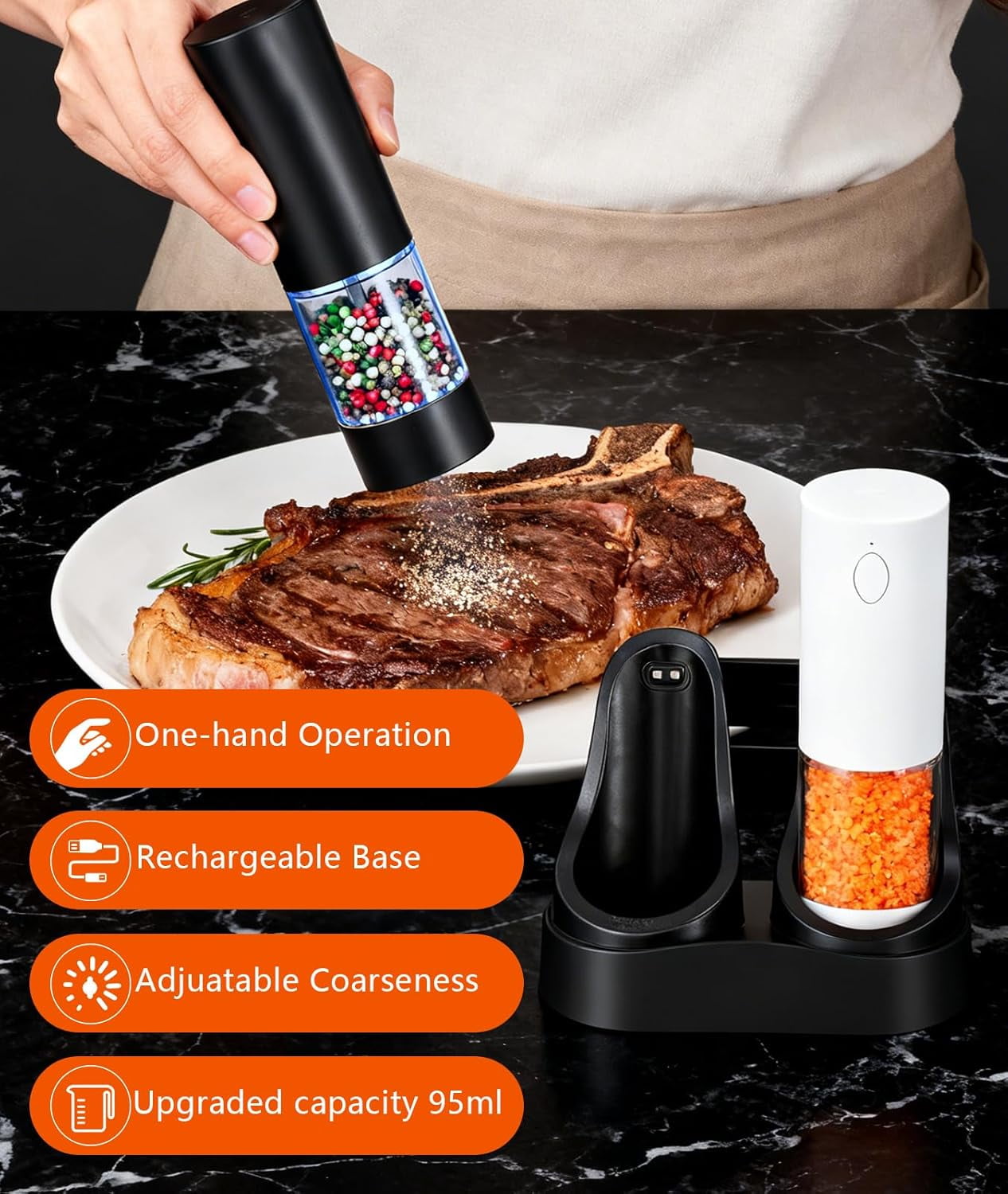 Electric Salt and Pepper Grinder Set - Rechargeable Battery Operated, Adjustable Coarseness, LED Light, Stainless Steel & Glass Body - Spice Mill for Kitchen, Dining Table