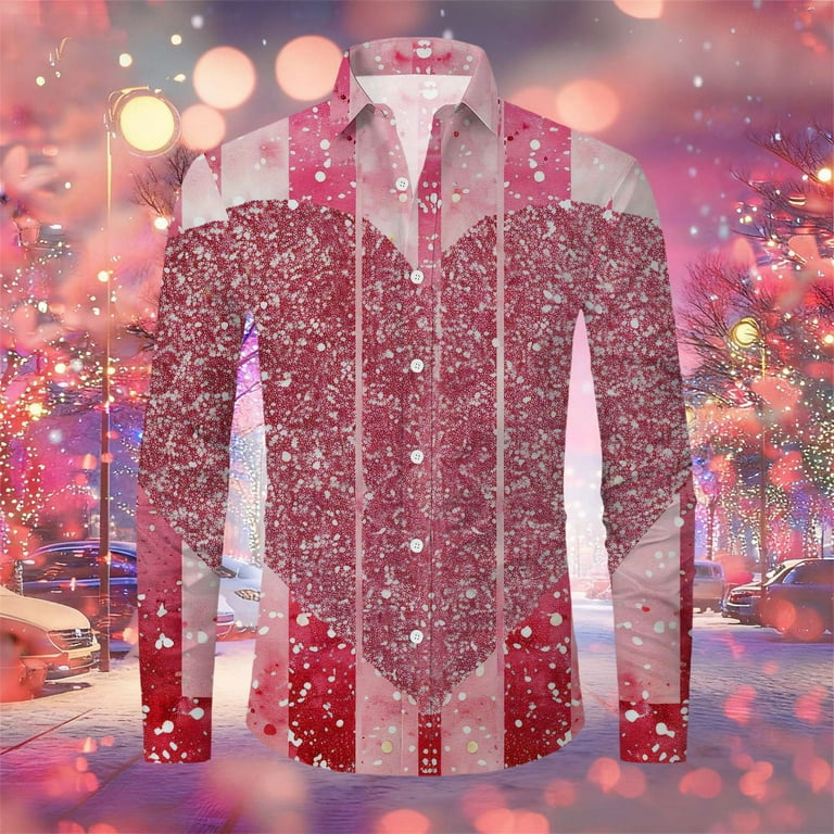 Valentines Day Dress Shirt Men Long Sleeve Heart Graphic Printed T-Shirt Festive Party Dress Shirt for Men's Dating Clothes ( Pink Size: M )